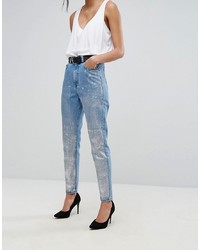 Dr. Denim Mom Jeans With Silver Coating On Light Retr