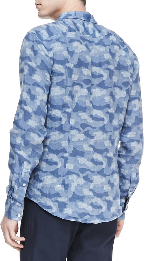 Vince Camo Print Linen Shirt Navy, $245 | Neiman Marcus | Lookastic