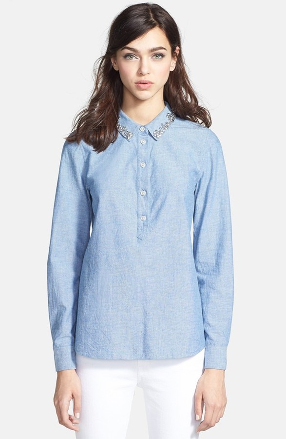 ... Down Blouse: Kate Spade New York Xander Embellished Chambray Shirt