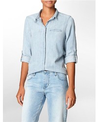 Calvin Klein Chambray Button Front Roll Up Sleeve Top Shirt