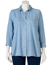 Juniors Plus Size So Perfectly Soft Button Down Chambray Shirt