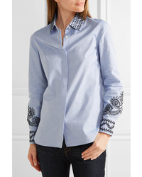 Tory Burch Keegan Embroidered Cotton Chambray Shirt Blue