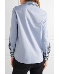 Tory Burch Keegan Embroidered Cotton Chambray Shirt Blue