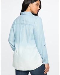 ELOQUII Plus Size Color Blocked Chambray Oxford Shirt