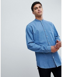 Selected Homme Chambray Shirt With Mandarin Collar In Slim Fit