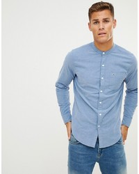 Hollister Icon Logo Banded Collar Chambray Shirt In Blue