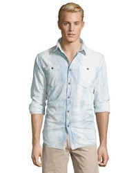 Jachs Light Blue Acid Washed Cotton Chambray Button Front Shirt