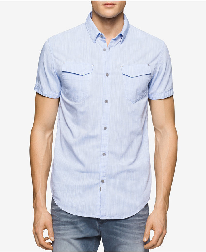 Calvin Klein Jeans Chambray Short Sleeve Shirt, $59 | Macy's | Lookastic