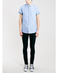 Topman Blue Chambray Contrast Short Sleeve Oxford Shirt
