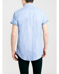 Topman Blue Chambray Contrast Short Sleeve Oxford Shirt