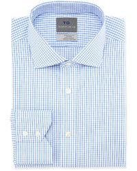 Thomas Dean Non Iron Check Print Dress Shirt Light Blue