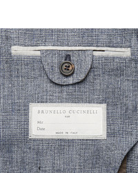 Brunello Cucinelli Blue Prince Of Wales Checked Slub Linen Suit Jacket