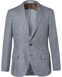 Brunello Cucinelli Blue Prince Of Wales Checked Slub Linen Suit Jacket