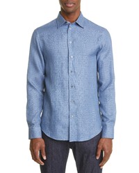 Emporio Armani Check Linen Button Up Shirt In Blue At Nordstrom