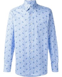 Canali Checked Floral Print Button Down Shirt