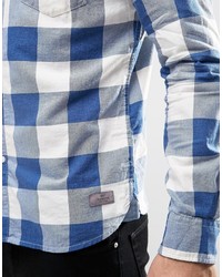Esprit Check Long Sleeve Shirt With Grandad Collar In Regular Fit