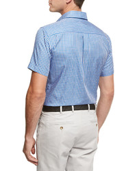Peter Millar Crown Soft Check Short Sleeve Cotton Sport Shirt Blue