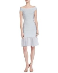 Herve Leger Off The Shoulder Bandage Dress With Chiffon Skirt Pearl Blue