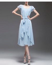 ChicNova Blue Chiffon Dress With Bubble Sleeves And Waistband