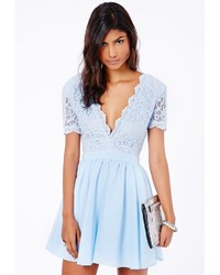 Missguided Aleena Eyelash Lace Plunge Neck Puffball Mini Dress In Baby Blue