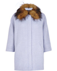 River Island Blue Faux Fur Collar Oversized Wool Coat