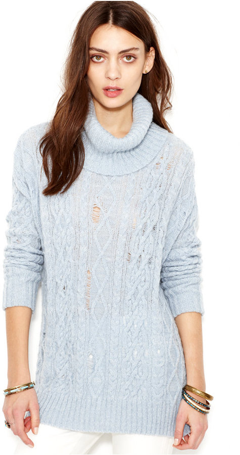Free People Complex Cowl Neck Rip And Repair Cable Knit Sweater ...