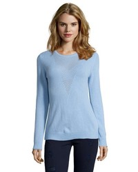 Hayden Light Grey Cashmere Rib Knit Perforated V Sweater