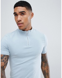 ASOS DESIGN Muscle Fit T Shirt With Zip Turtle Neck In Blue Fog