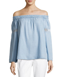 Neiman Marcus Off The Shoulder Chambray Peasant Top Blue
