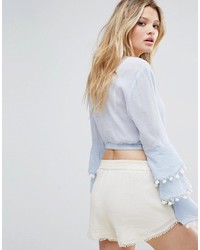 Glamorous Festival Wrap Front Crop Top With Tiered Pom Pom Trim Sleeves