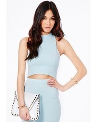 Missguided Lacey High Neck Ribbed Crop Top In Baby Blue
