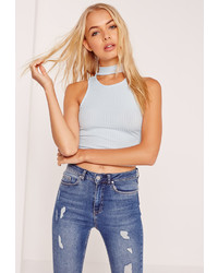Missguided Ribbed Choker Curve Neck Crop Top Blue