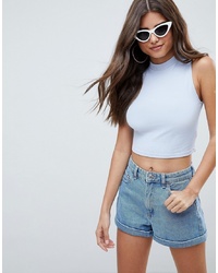 ASOS DESIGN Sleeveless Crop Top With Turtle Neck In Blue