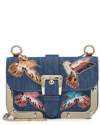 RED Valentino Red Valentino Embroidered Denim Shoulder Bag With Gold Tone Frame