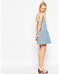 Asos Denim Drop Waist Cami Dress With Rope Straps In Light Blue