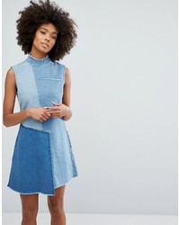 WÅVEN Waven Denim High Neck Dress With Contrast Panels And Fraying