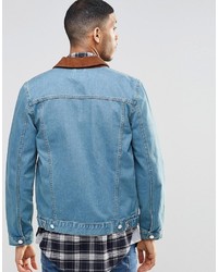 Asos Brand Denim Jacket In Slim Fit In Stone Wash With Cord Collar