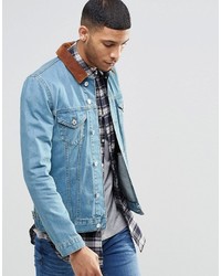 Asos Brand Denim Jacket In Slim Fit In Stone Wash With Cord Collar
