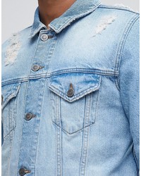 Asos Brand Denim Jacket In Mid Wash With Rips