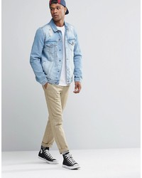 Asos Brand Denim Jacket In Mid Wash With Rips