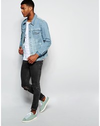 Asos Brand Denim Jacket In Slim Fit In Mid Blue Wash