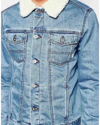 Asos Brand Denim Jacket With Fleece Collar In Blue Wash