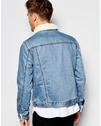 Asos Brand Denim Jacket With Fleece Collar In Blue Wash