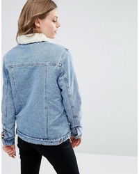 Asos Denim Borg Jacket In Mid Wash Blue With Pockets