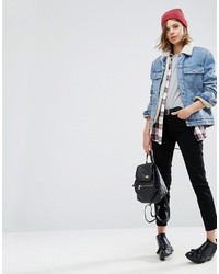 Asos Denim Borg Jacket In Mid Wash Blue With Pockets
