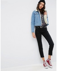 Asos Denim Cropped Jacket In Blue With Borg