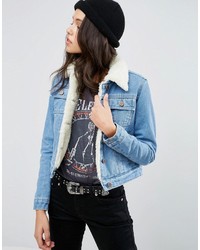 Asos Denim Cropped Jacket In Blue With Borg