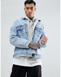 Sixth June Denim Jacket In Blue Wash With Borg Lining And Collar