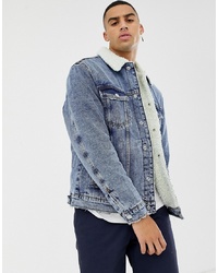 Bershka Denim Jacket In Mid Blue With Borg Collar And Lining
