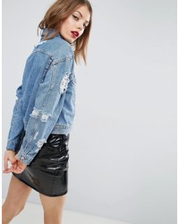 Asos Denim Jacket In Midwash Blue With Rips